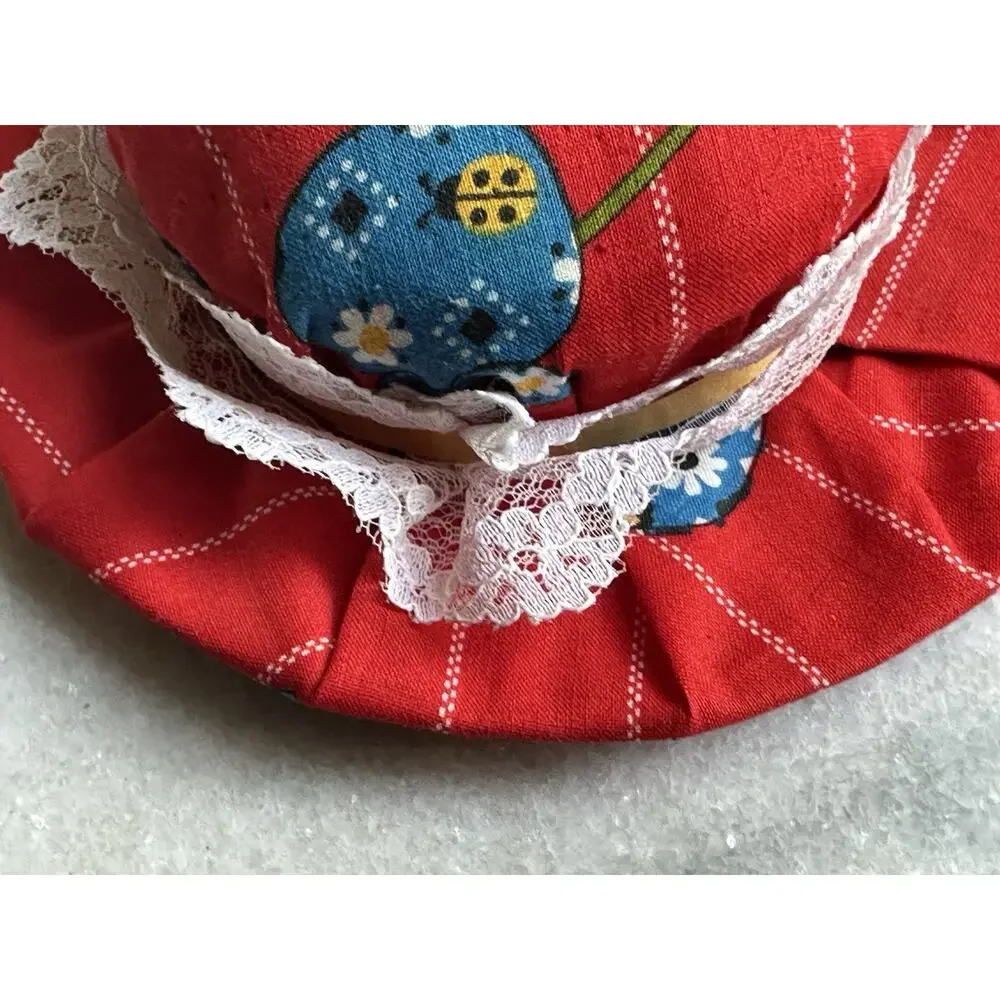 red hat Pin Needle Cushion vintage lacy brim flower sewing Accessories 6” X 6”